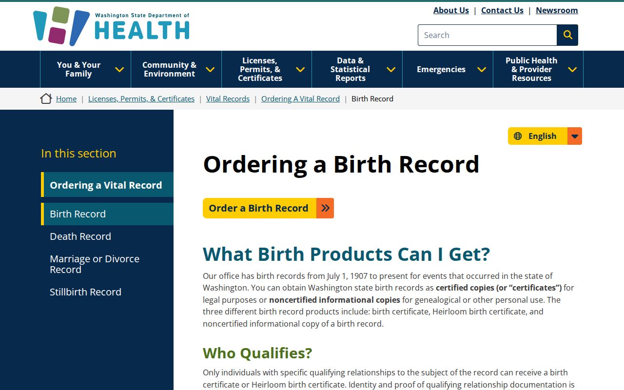 Washington birth record order page for a Spokane County resident lookup