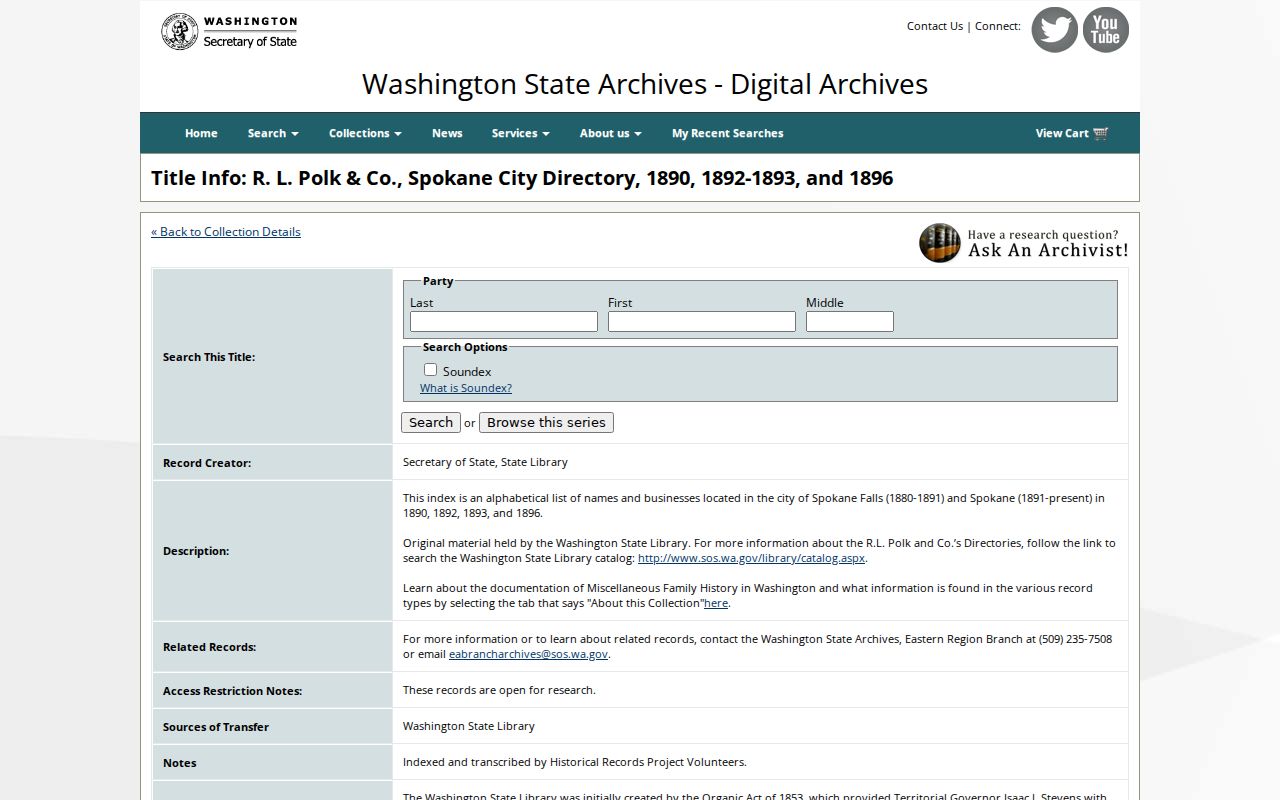 Washington State Digital Archives Spokane city directory collection search page