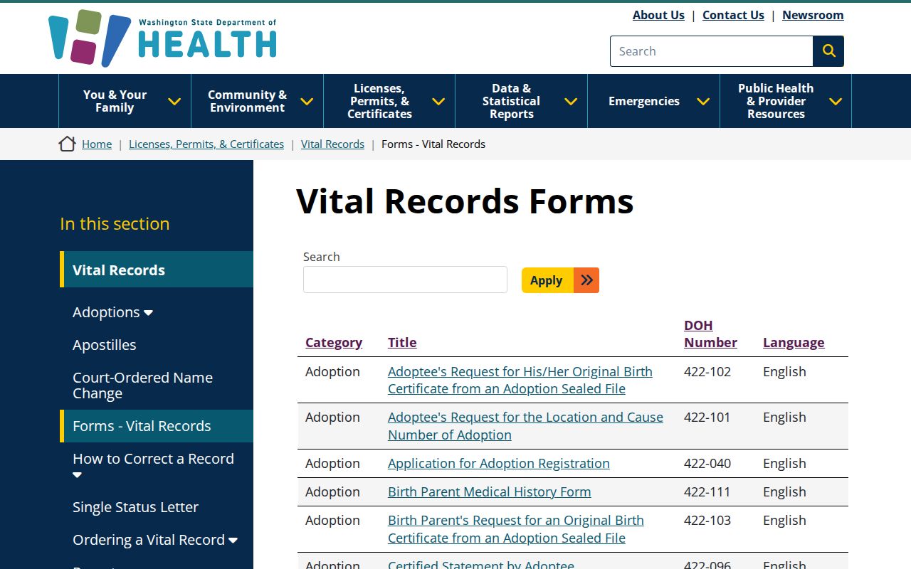 Washington Department of Health vital records order forms