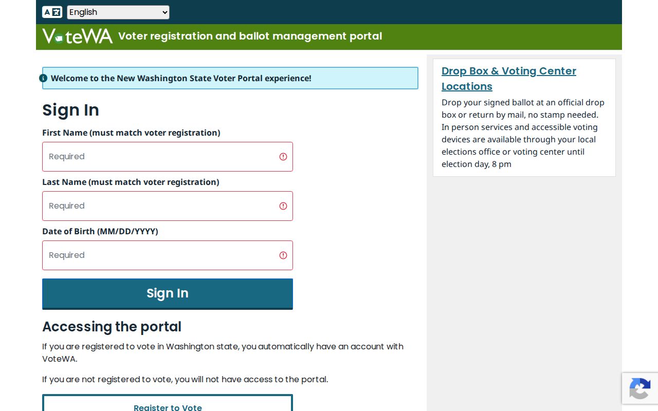 Washington VoteWA personal voter lookup sign-in page