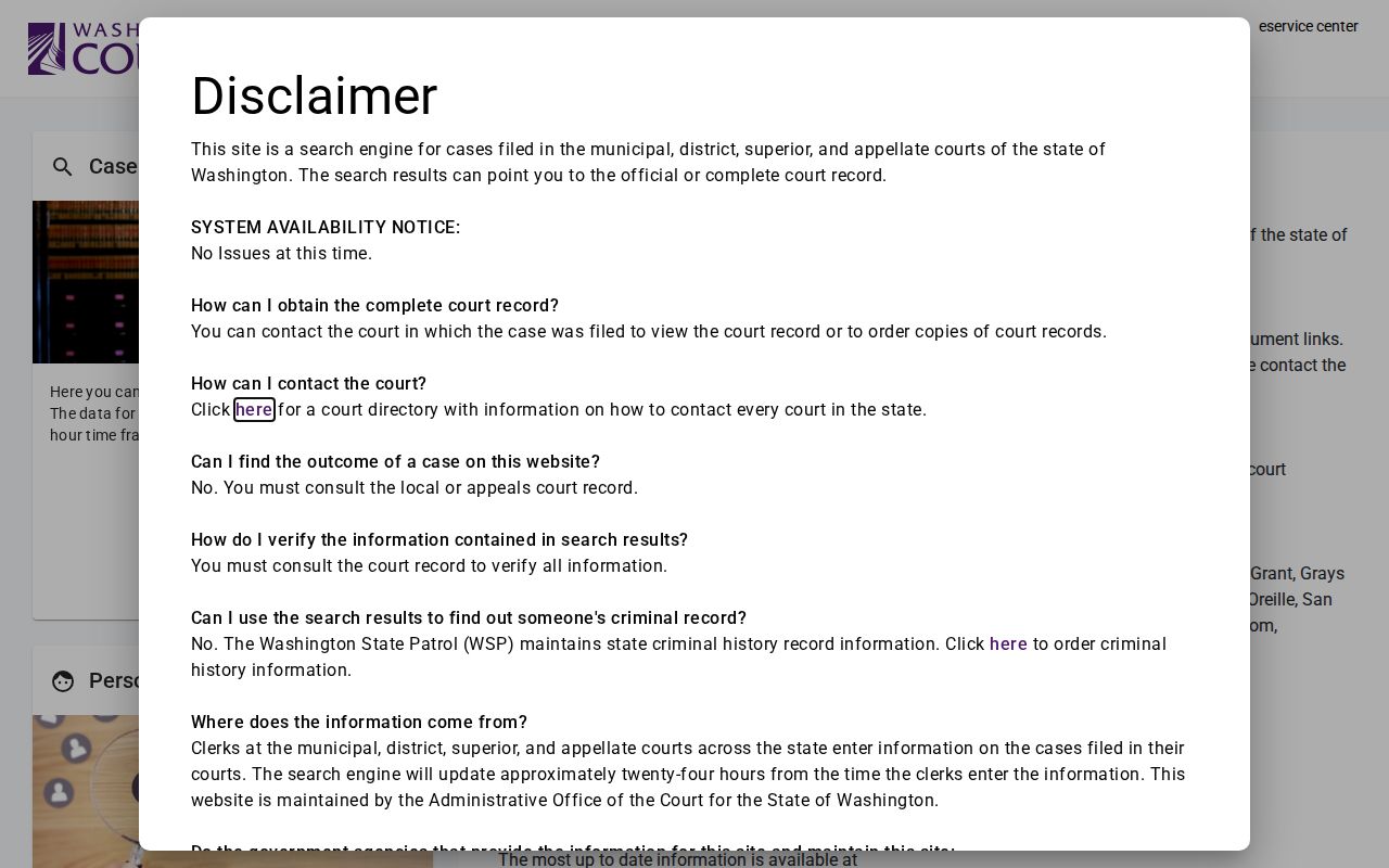 Washington Courts statewide person and case search page